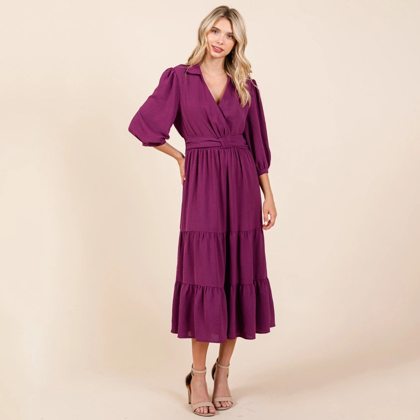 COLLARED V NECK SMOCKED WAIST DRESS - PURPLE