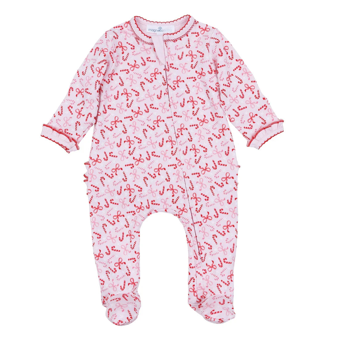 CANDY CANE LANE PRINTED RUFFLE ZIPPER FOOTIE