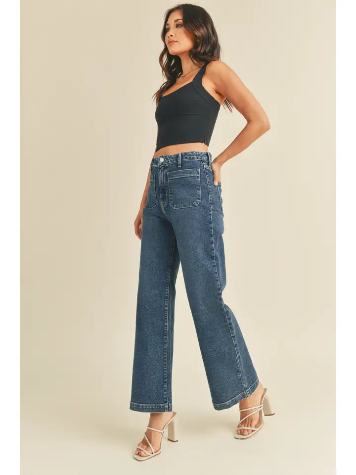 PATCH POCKET WIDE LEG JEANS - DARK WASH