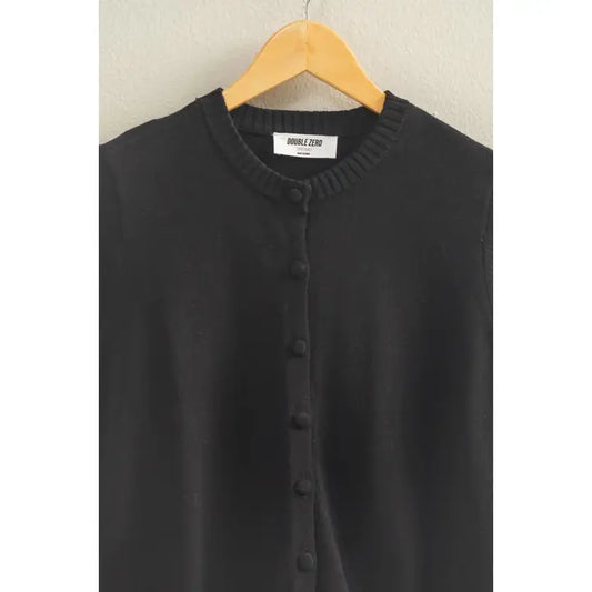 CREW NECK SHORT SLEEVE BUTTONED CARDIGAN - BLACK
