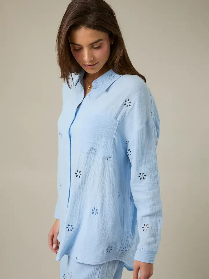 LONG SLEEVE OVERSIZE EYELET BUTTON DOWN SHIRT