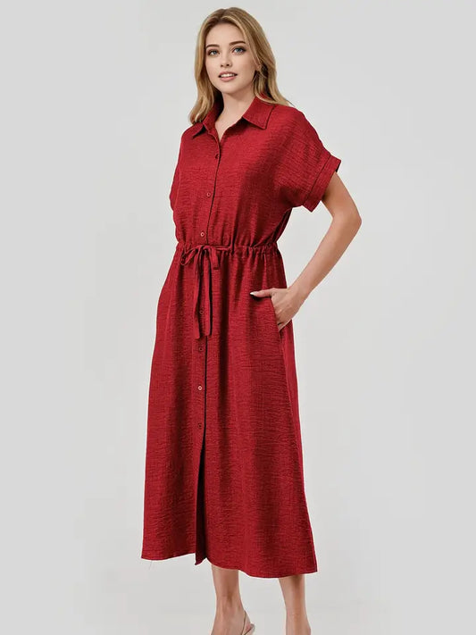 SOFIA DRAWSTRING MIDI DRESS - BURGUNDY