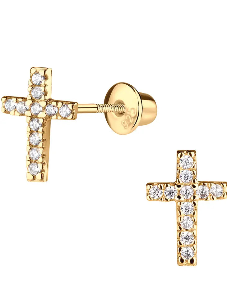14K GOLD-PLATED CROSS CZ EARRINGS BAPTISM OR COMMUNION GIFT