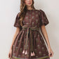 BORDER PRINT BELTED MINI DRESS - CHOCOLATE