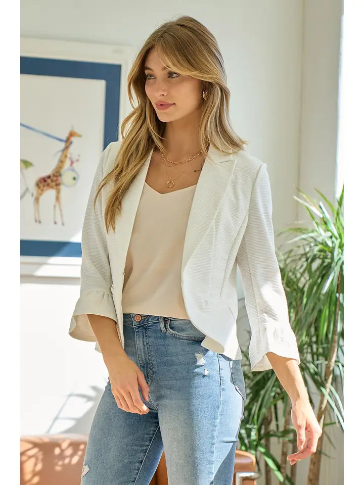 3/4 RUFFLE SLEEVE SOLID BLAZER - OFF WHITE