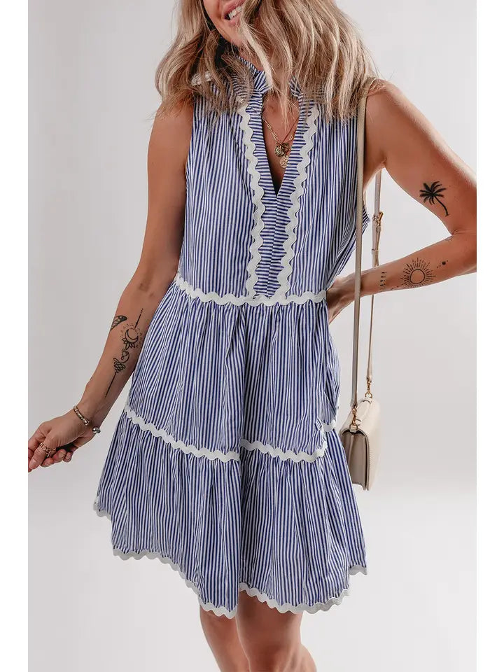 STRIPED PRINT RIC-RAC TRIM SLEEVELESS MINI DRESS