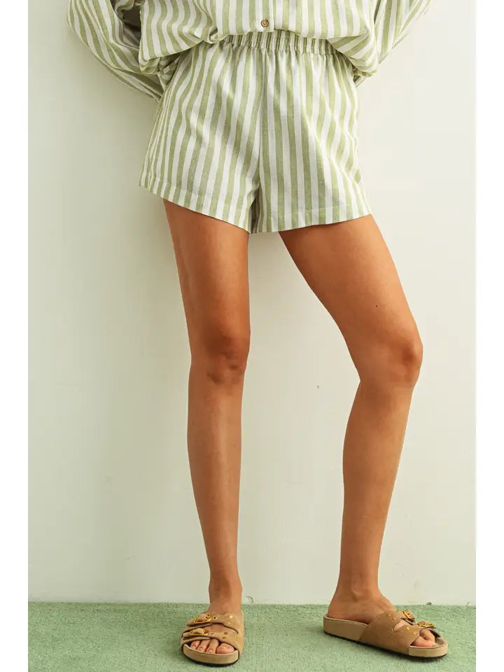 STRIPED ELASTIC BAND WAIST SHORTS - SAGE