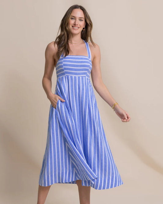 CINZIA STRIPED  CROSS STRAP DRESS - BLUE STREAM