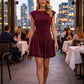 STRETCH RUCHED BUBBLE HEM MINI DRESS - BURGUNDY