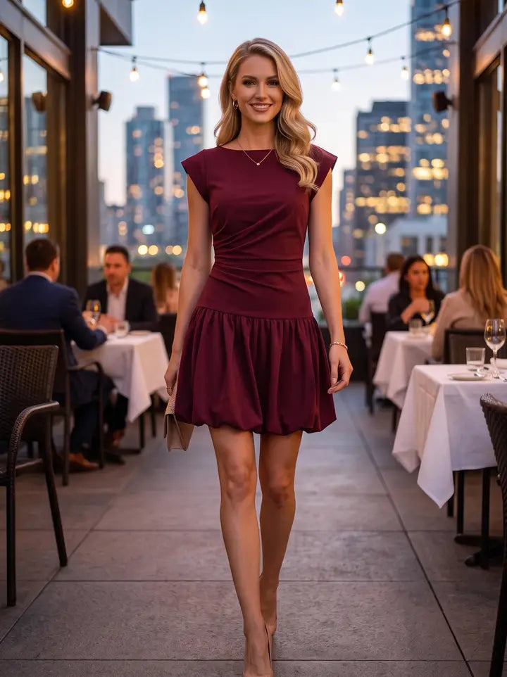 STRETCH RUCHED BUBBLE HEM MINI DRESS - BURGUNDY