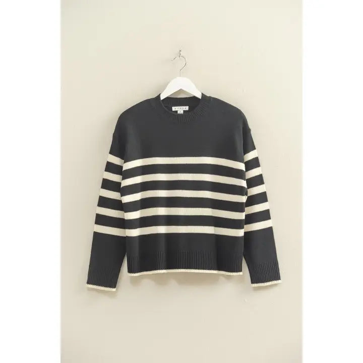 STRIPED CASUAL CREW NECK SOFT SWEATER - BLACK