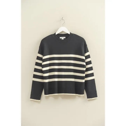 STRIPED CASUAL CREW NECK SOFT SWEATER - BLACK