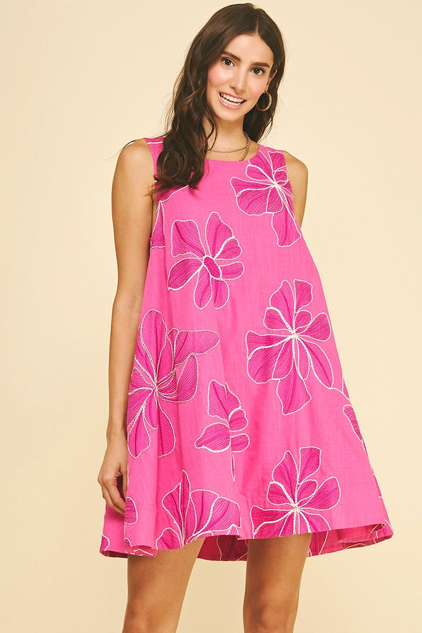 FLORAL EMBROIDERED A-LINE MINI DRESS - HOT PINK