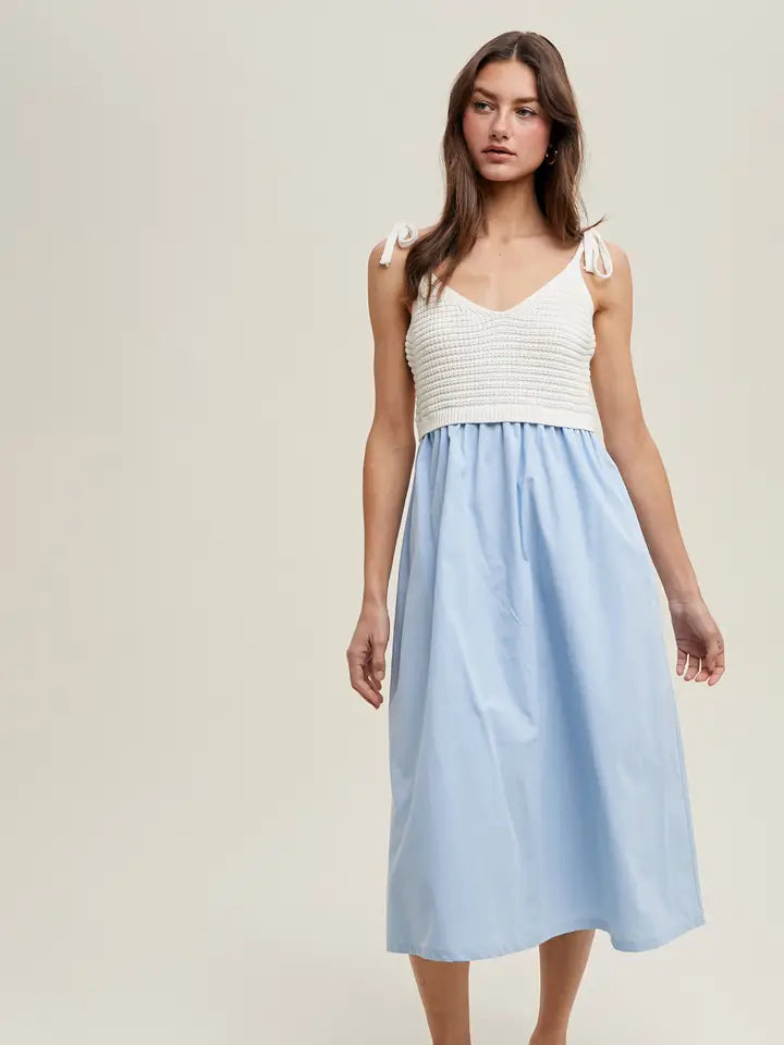 MIXED MEDIA MIDI CAMI DRESS - WHITE/BLUE