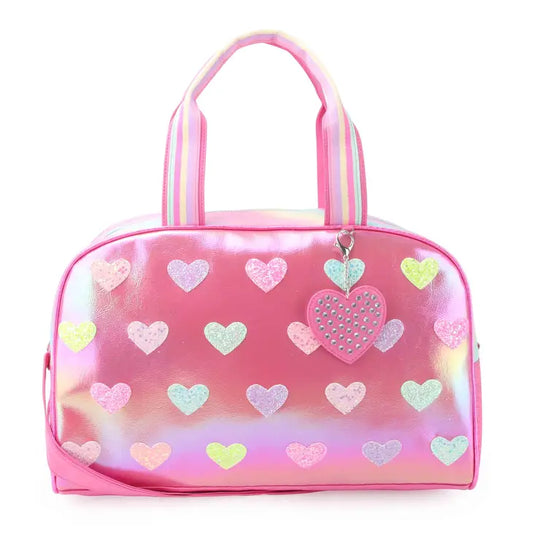 METALLIC HEART PRINTED PINK LARGE DUFFLE BAG