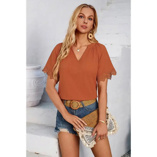 SOLID V NECK HEM BUTTERFLY SLEEVE BLOUSE - RUST