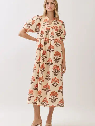 BOTANICAL PRINT BABYDOLL MIDI DRESS - CREAM
