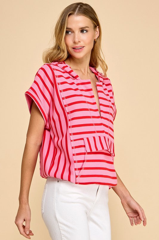 STRIPED HOODED TOP - PINK/RED
