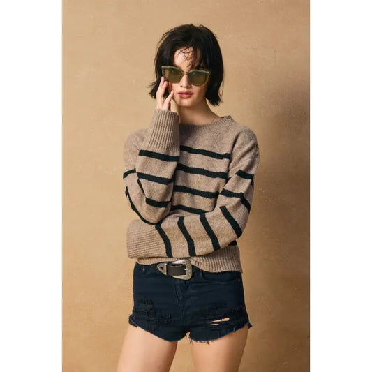 STRIPED BUTTON DETAIL SWEATER - DARK TAUPE/BLACK