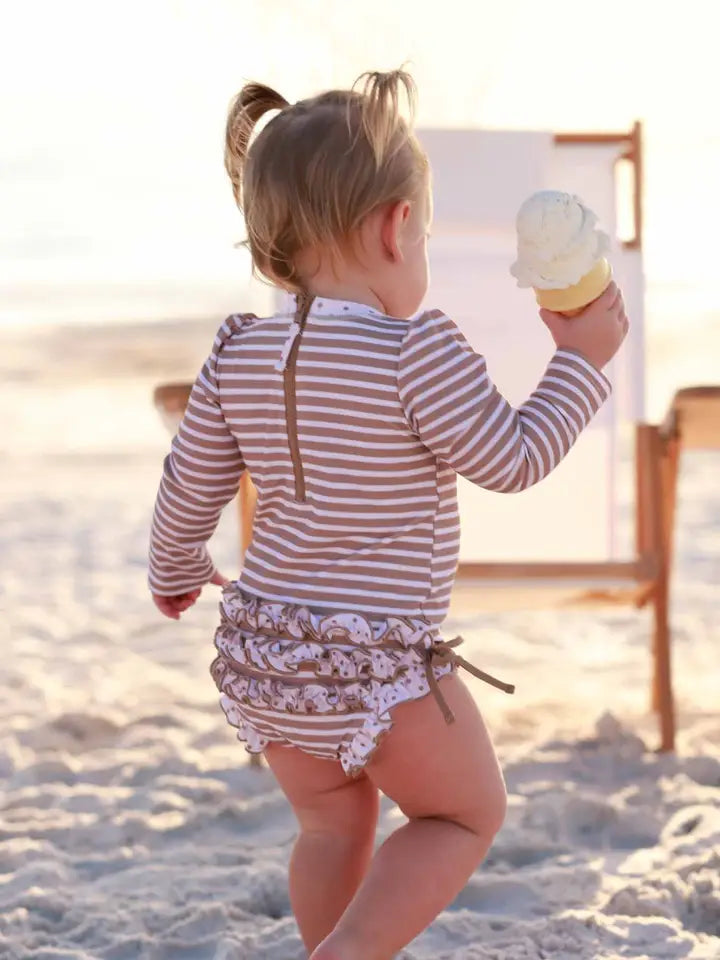 LONG SLEEVE RASH GUARD WITH RUFFLE BOTTOM - SANDY STRIPES