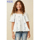 GIRLS DAISY EMBROIDERED SQUARE NECK TOP - BLUE