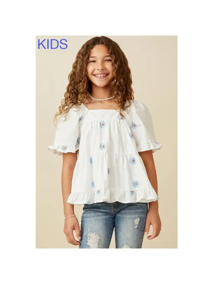 GIRLS DAISY EMBROIDERED SQUARE NECK TOP - BLUE