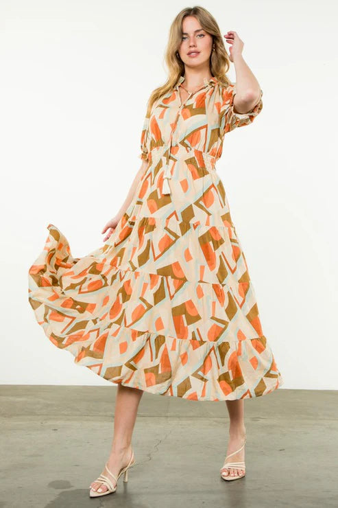 SMOCKED WAIST PRINT MAXI DRESS - ORANGE