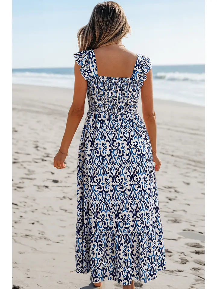 BOHO PRINT SQUARE NECK SHORT SLEEVE MAXI DRESS
