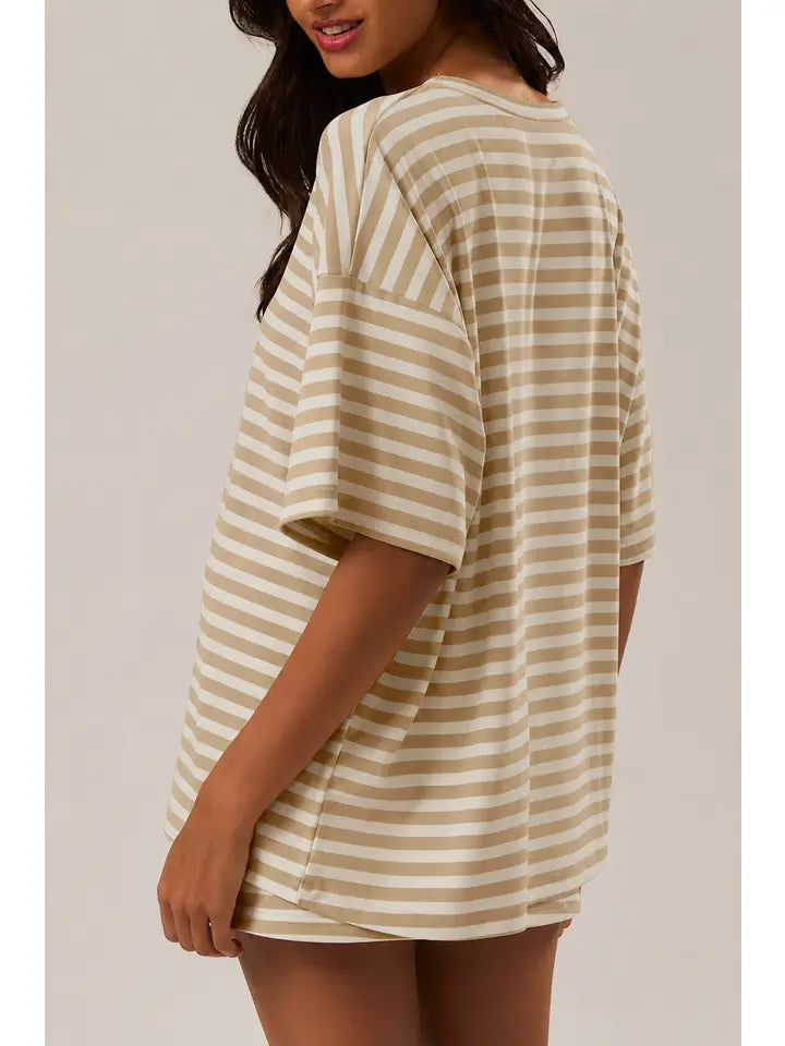 SHORT SLEEVE ROUND NECK OVERSIZED STRIPE T-SHIRT - BEIGE CREAM STRIPE