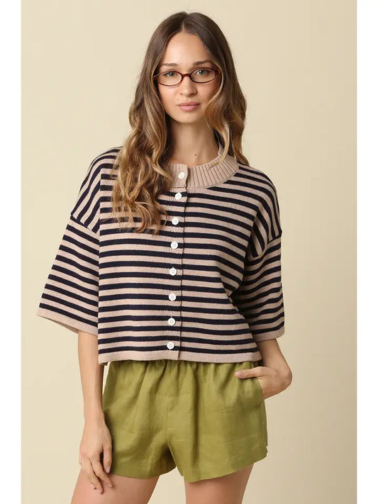 NATALIA STRIPE LOOSE KNIT TOP - TAUPE DK NAVY