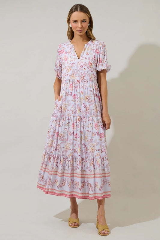 HANSON FLORAL TIERED MAXI DRESS - LIGHT BLUE/MULTI