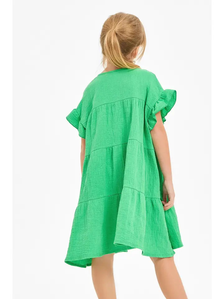 RUFFLE SLEEVE TIERED GAUZE DRESS - GREEN