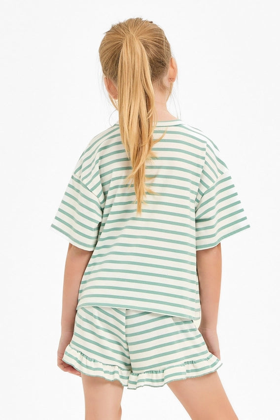 STRIPE CROP TOP AND RUFFLE SHORT SET - MINT
