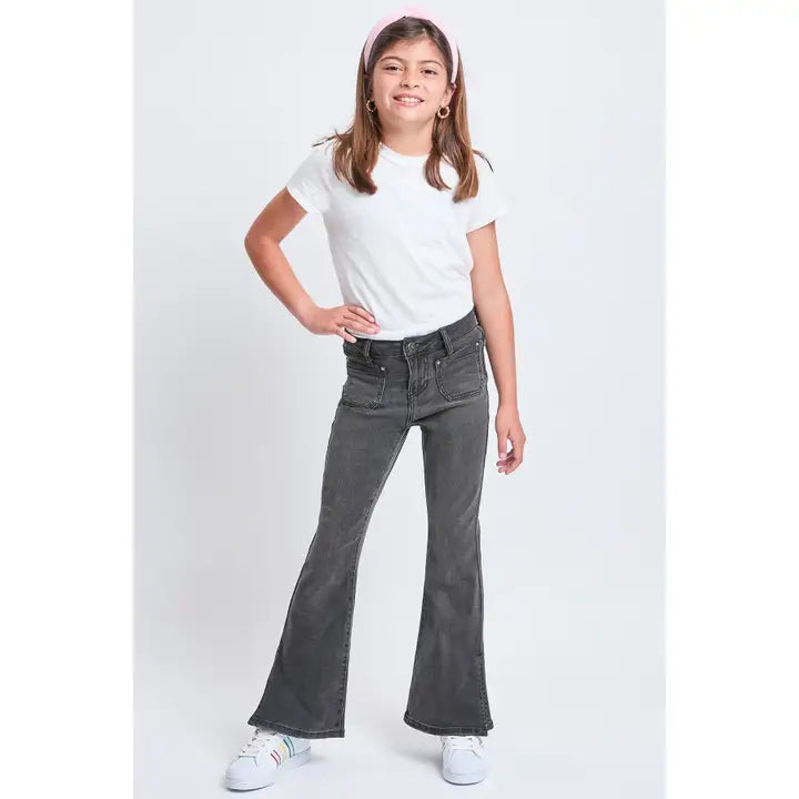 GIRLS FLARE FRONT PATCH POCKET JEANS - FADED BLACK