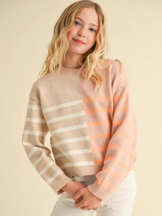 CREW NECK L/S COLORBLOCK PULLOVER SWEATSHIRT - BEIGE/PINK
