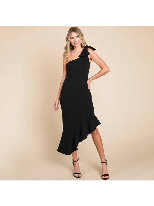 ONE SHOULDER RUFFLE BOW BODYCON MERMAID MIDI DRESS - BLACK