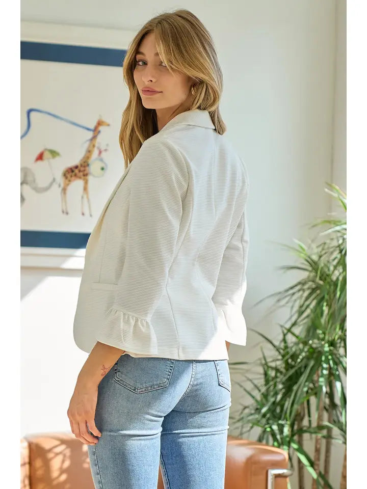 3/4 RUFFLE SLEEVE SOLID BLAZER - OFF WHITE