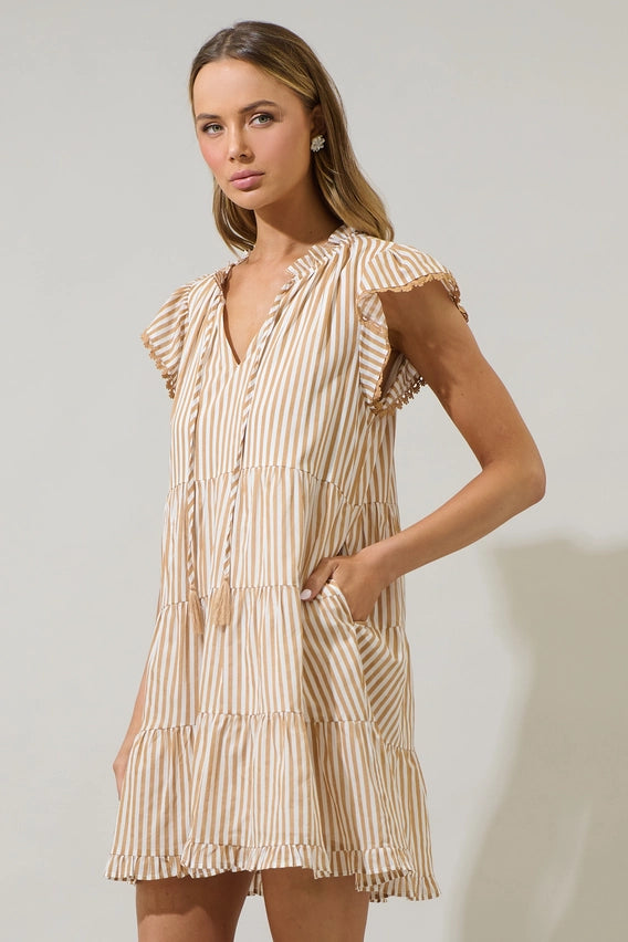 DREAM STATE STRIPED MINI DRESS - TAUPE MULTI