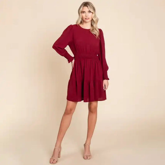 LONG SLEEVE SMOCKED TIERED MINI DRESS - BURGUNDY