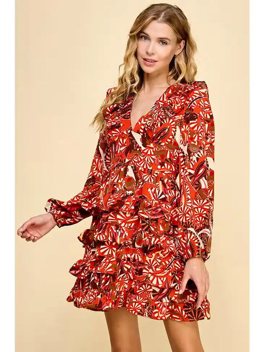 ABSTRACT PRINTED LONG SLEEVE DRESS - RED