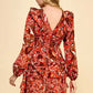 ABSTRACT PRINTED LONG SLEEVE DRESS - RED