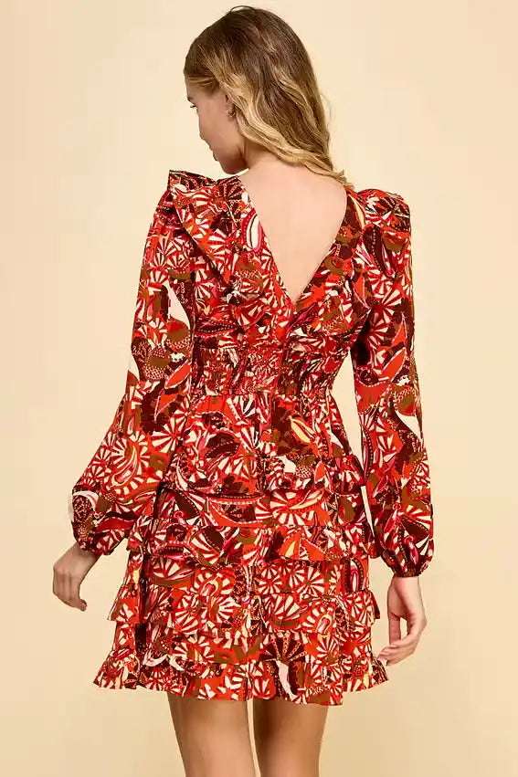 ABSTRACT PRINTED LONG SLEEVE DRESS - RED