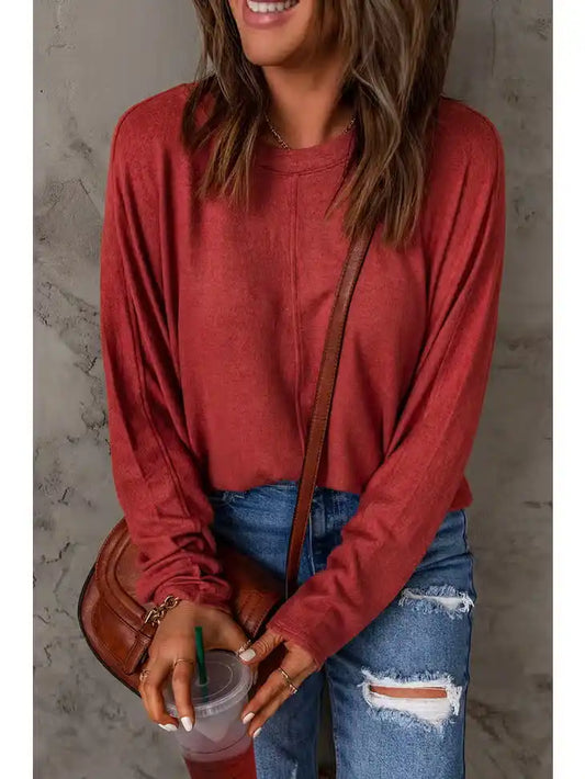 RED SOLID COLOR PATCHWORK LONG SLEEVE TOP