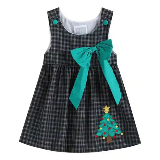 BLACK CHECKERED CHRISTMAS TREE BABY DRESS WITH BOW