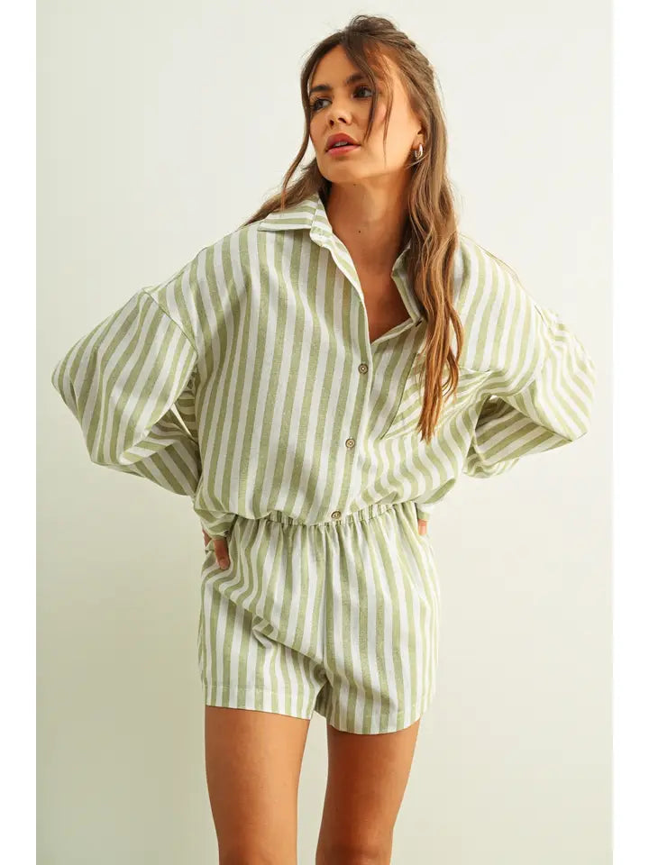 STRIPED BUTTON DOWN LINEN SHIRT - SAGE
