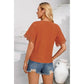 SOLID V NECK HEM BUTTERFLY SLEEVE BLOUSE - RUST