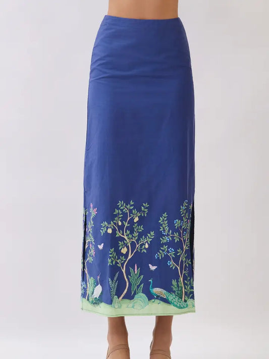 BOTANICAL BORDER PRINT MAXI SKIRT - NAVY