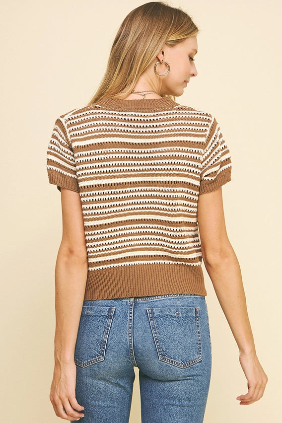 EYELET STRIPE SWEATER - BROWN/IVORY