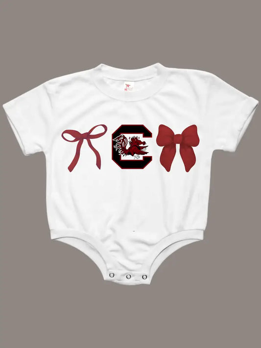 SOUTH CAROLINA GAMECOCKS BOW BABY BUBBLE TEE SHIRT ROMPER