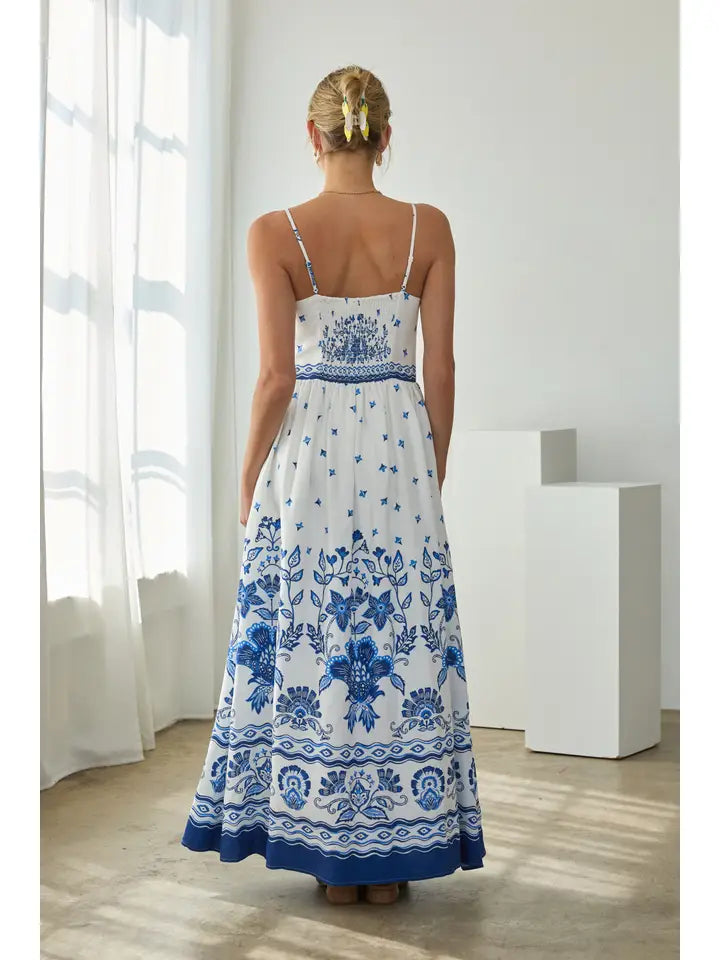 BORDER PRINT MAXI DRESS - WHITE/BLUE